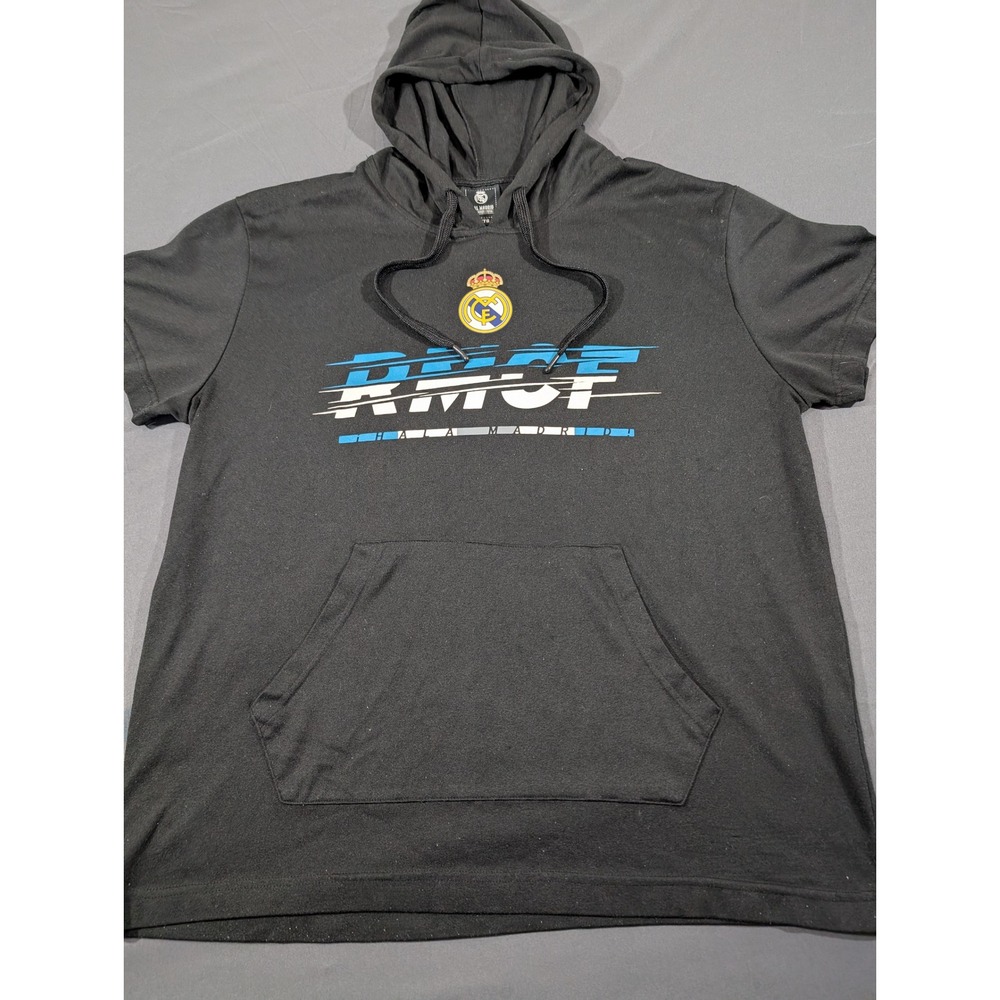 Real Madrid CF Mens XL Short Sleeve Hoodie Black Hala Madrid RMCF Soccer Top